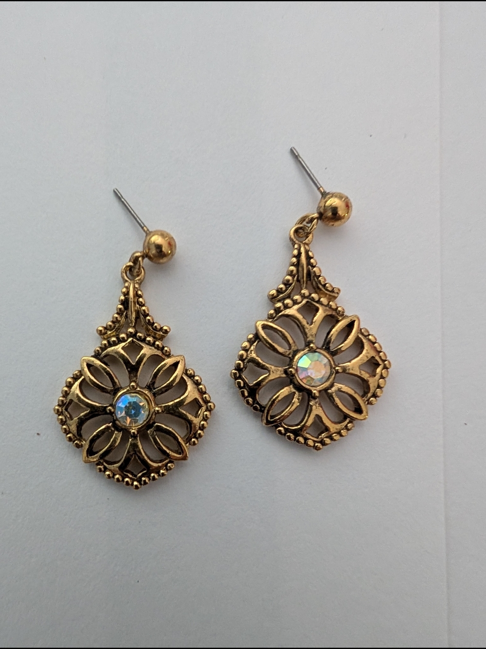 Gold Filigree Drop Earrings with Iridescent Crystal